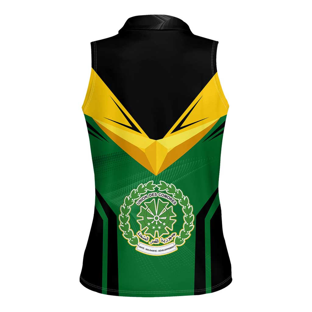 Comoros Women Sleeveless Polo Shirt with National Colors Green Yellow Black Crescent Moon and Stars Emblem