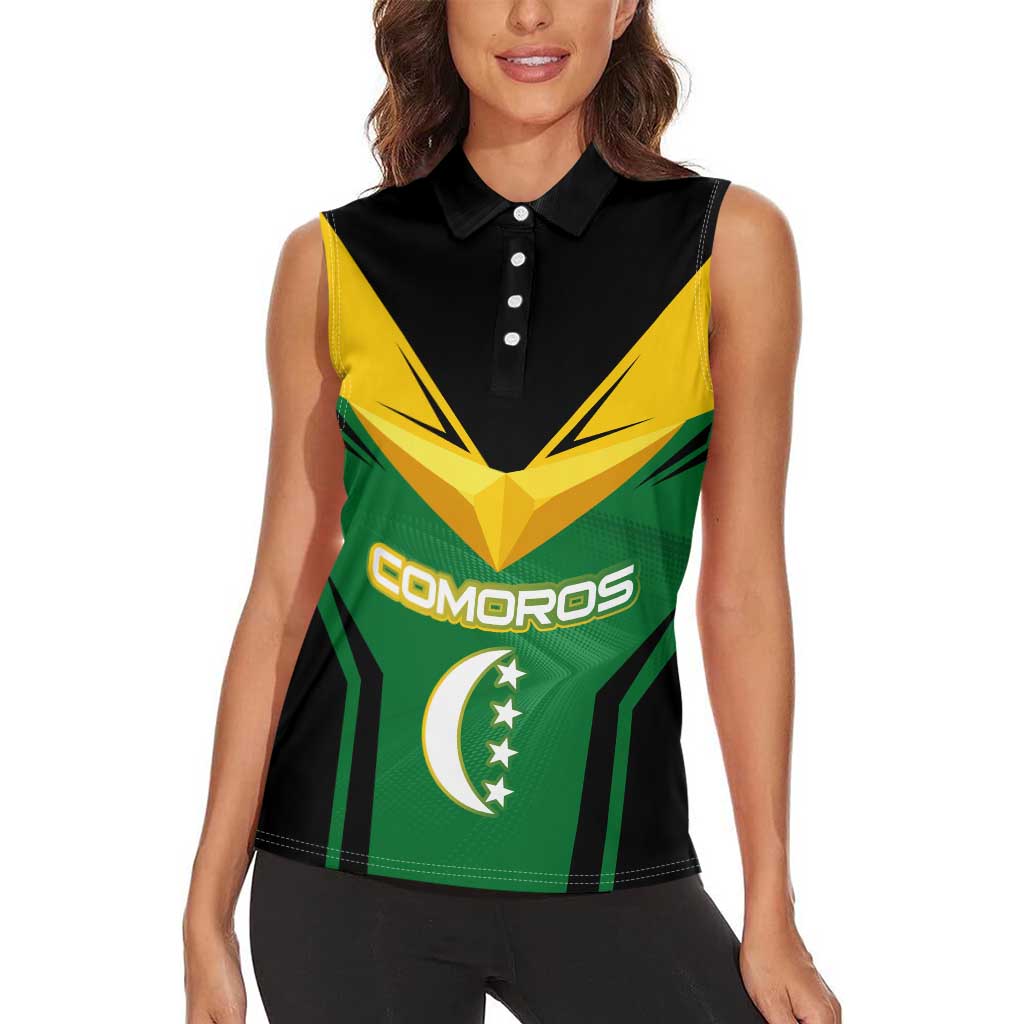 Comoros Women Sleeveless Polo Shirt with National Colors Green Yellow Black Crescent Moon and Stars Emblem