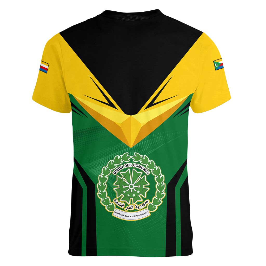 Comoros Women V-Neck T-Shirt with National Colors Green Yellow Black Crescent Moon and Stars Emblem