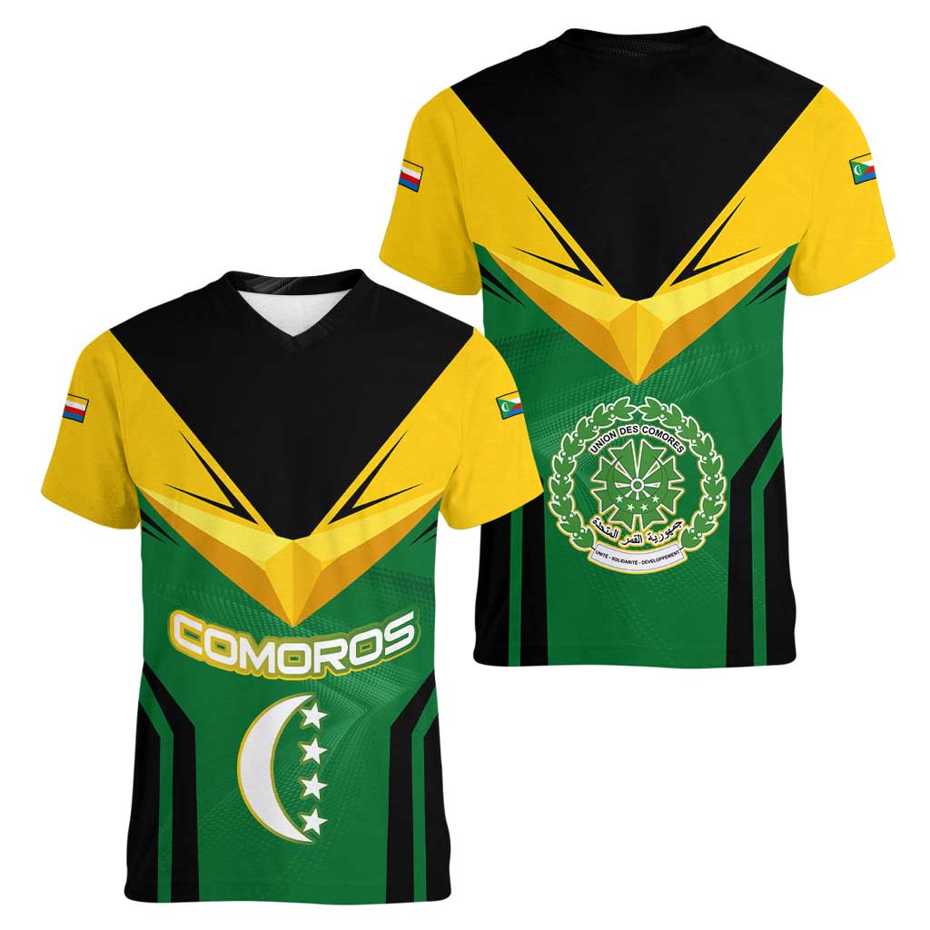 Comoros Women V-Neck T-Shirt with National Colors Green Yellow Black Crescent Moon and Stars Emblem