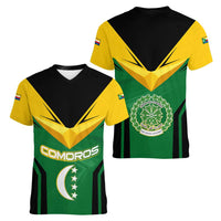 Comoros Women V-Neck T-Shirt with National Colors Green Yellow Black Crescent Moon and Stars Emblem