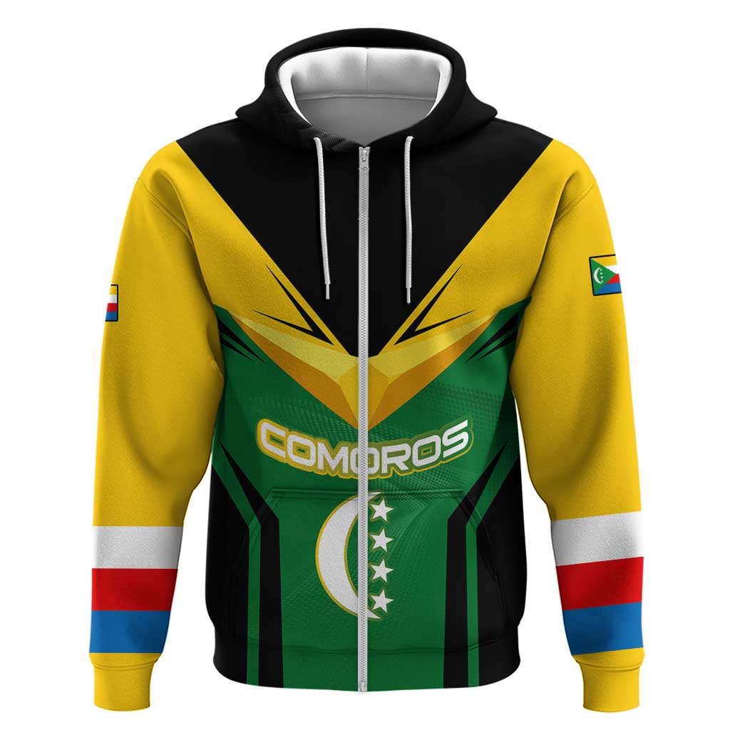 Comoros Zip Hoodie with National Colors Green Yellow Black Crescent Moon and Stars Emblem