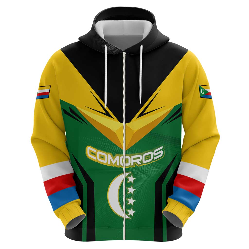 Comoros Zip Hoodie with National Colors Green Yellow Black Crescent Moon and Stars Emblem