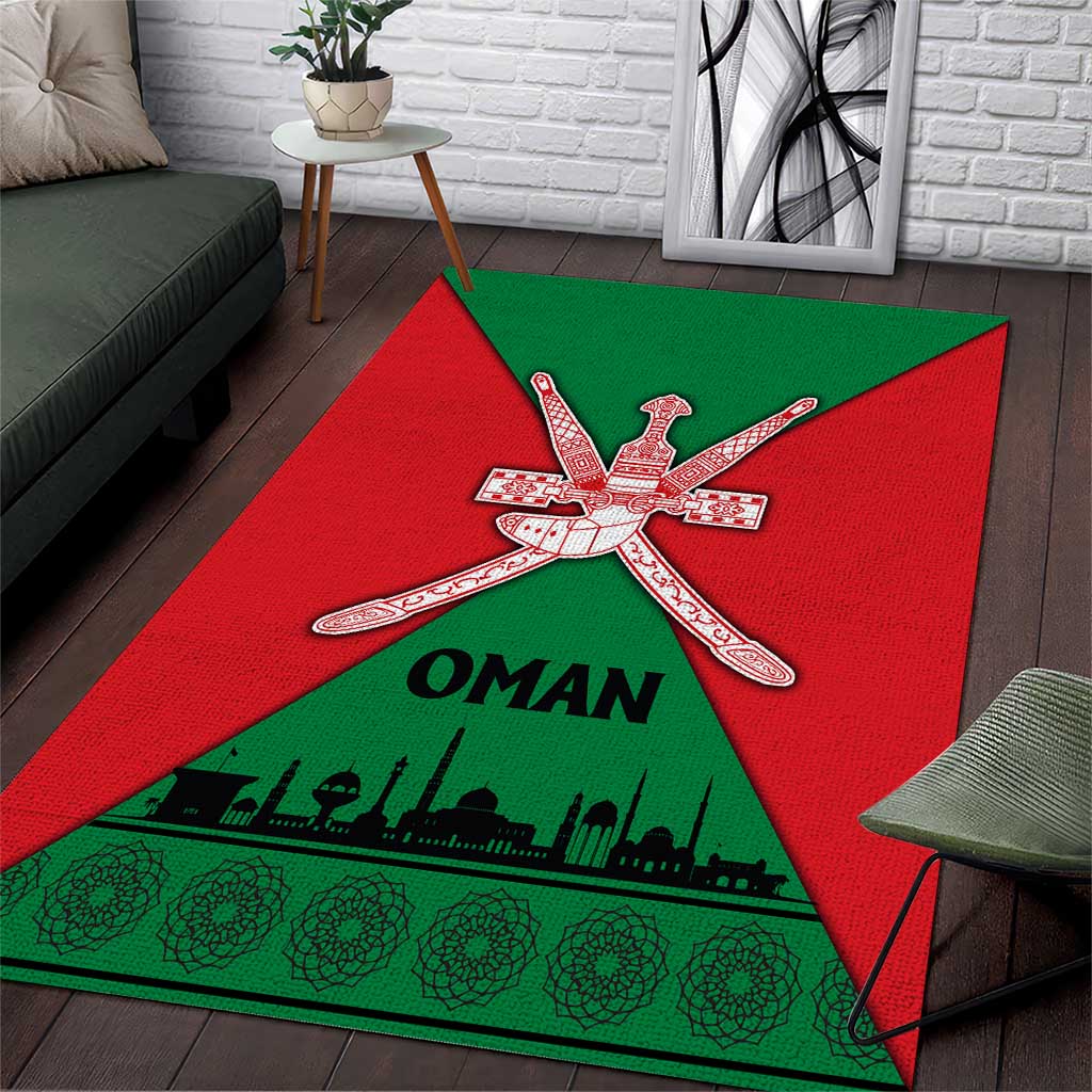 Oman Area Rug with National Flag Colors and Crossed Khanjar Emblem Design