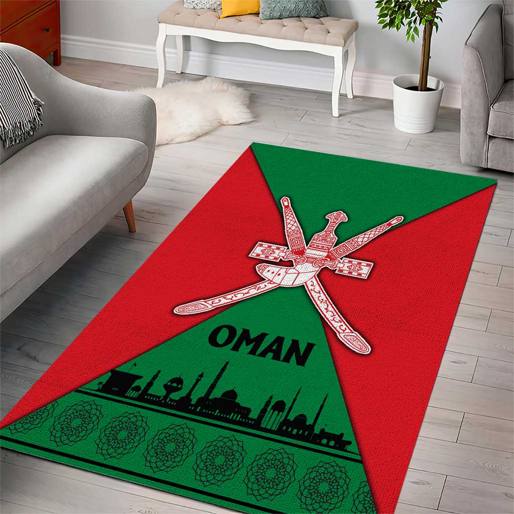 Oman Area Rug with National Flag Colors and Crossed Khanjar Emblem Design
