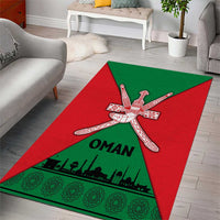 Oman Area Rug with National Flag Colors and Crossed Khanjar Emblem Design
