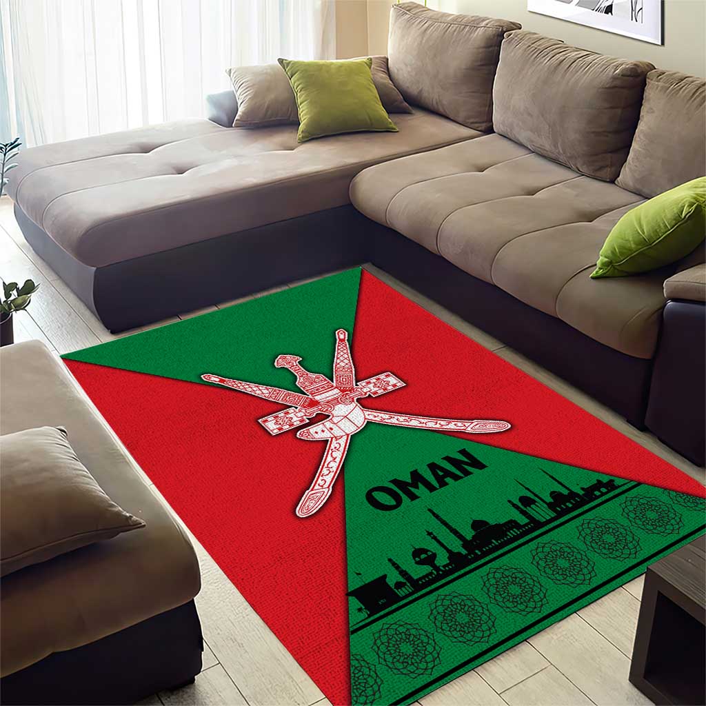 Oman Area Rug with National Flag Colors and Crossed Khanjar Emblem Design