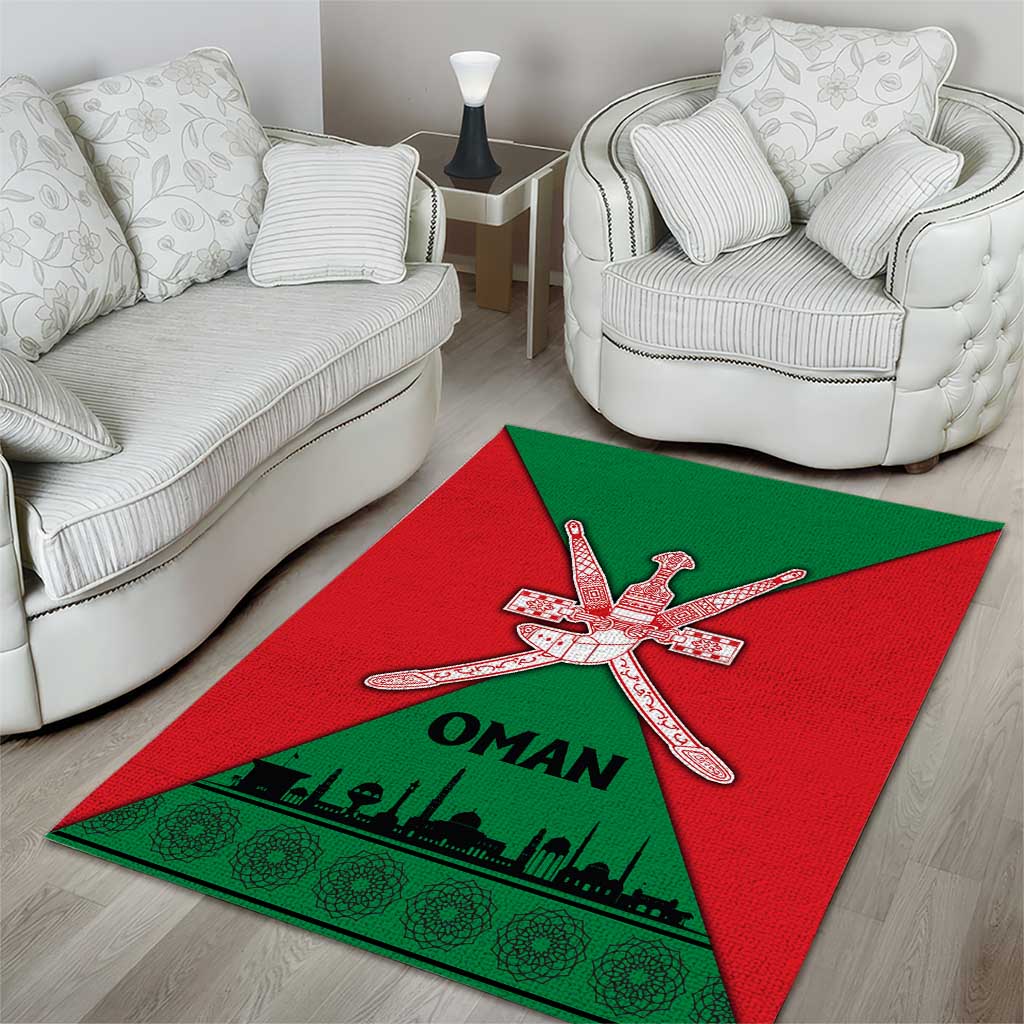 Oman Area Rug with National Flag Colors and Crossed Khanjar Emblem Design