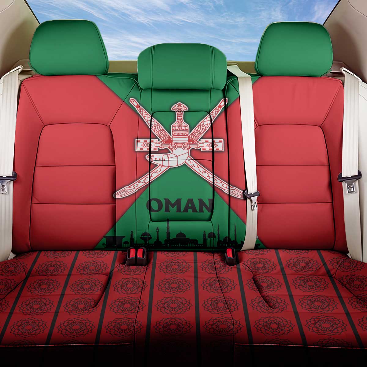 Oman Back Car Seat Cover with National Flag Colors and Crossed Khanjar Emblem Design