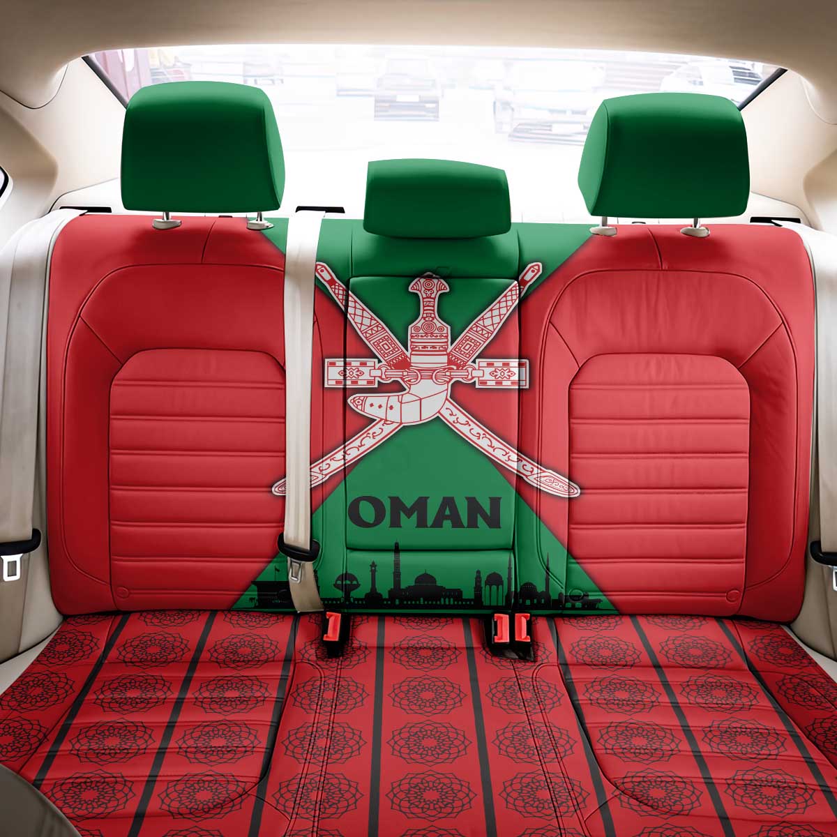 Oman Back Car Seat Cover with National Flag Colors and Crossed Khanjar Emblem Design