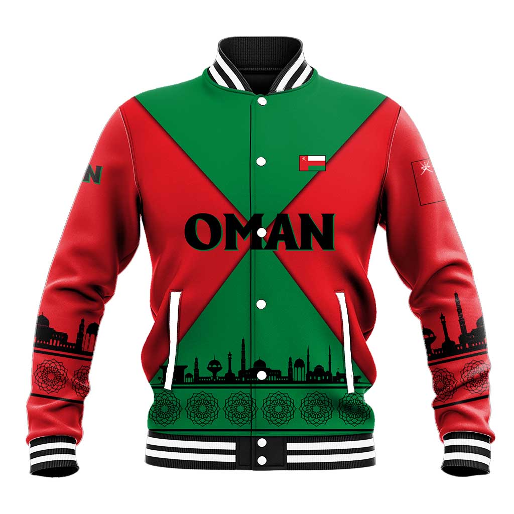 Oman Baseball Jacket with National Flag Colors and Crossed Khanjar Emblem Design