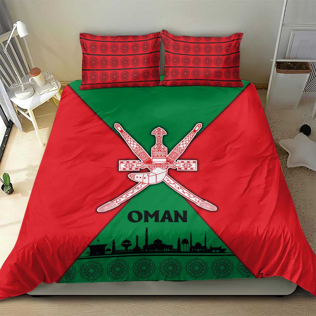 Oman Bedding Set with National Flag Colors and Crossed Khanjar Emblem Design