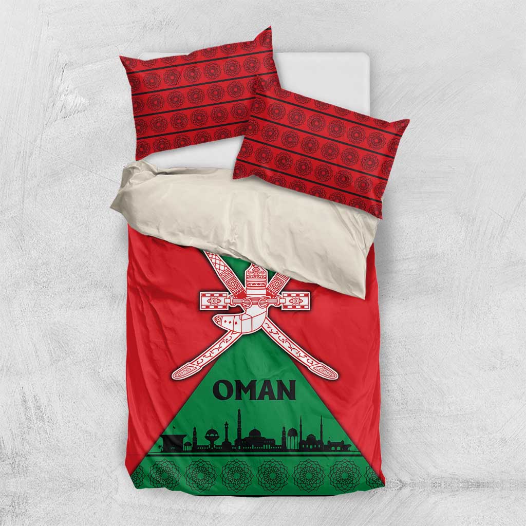 Oman Bedding Set with National Flag Colors and Crossed Khanjar Emblem Design