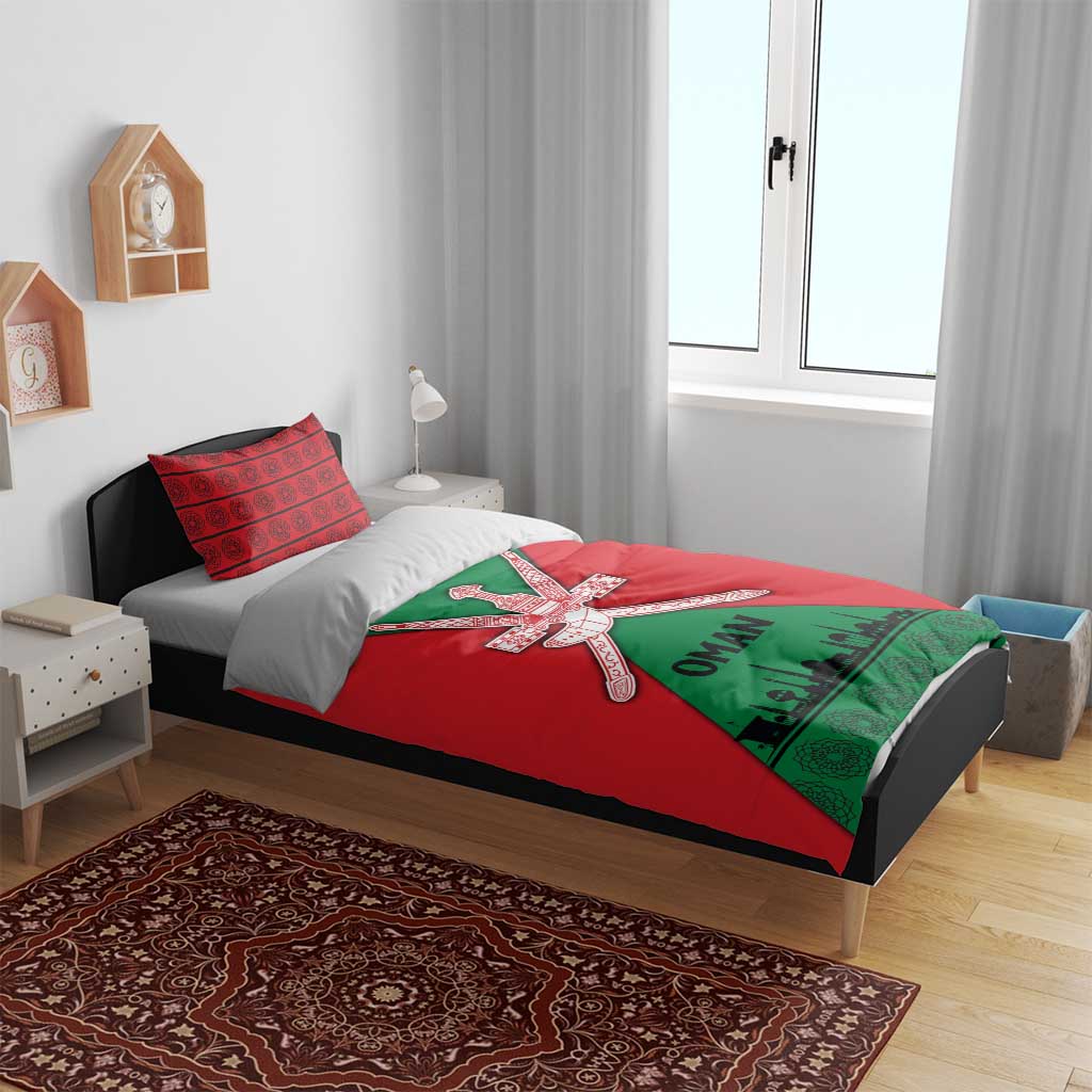 Oman Bedding Set with National Flag Colors and Crossed Khanjar Emblem Design