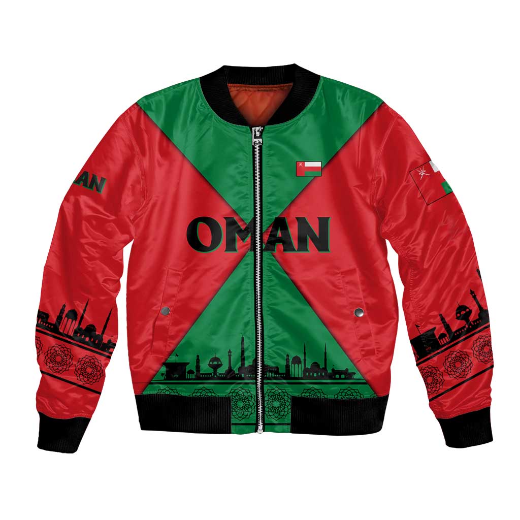 Oman Bomber Jacket with National Flag Colors and Crossed Khanjar Emblem Design