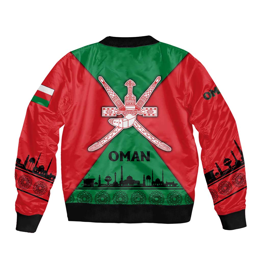 Oman Bomber Jacket with National Flag Colors and Crossed Khanjar Emblem Design