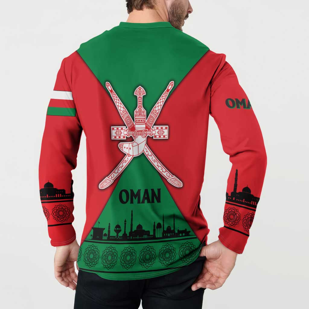 Oman Button Sweatshirt with National Flag Colors and Crossed Khanjar Emblem Design