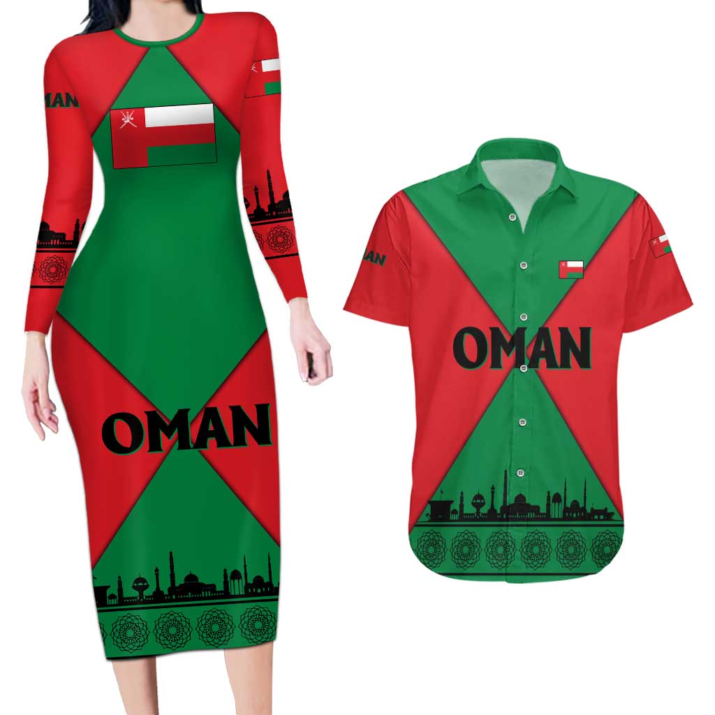 Oman Couples Matching Long Sleeve Bodycon Dress and Hawaiian Shirt with National Flag Colors and Crossed Khanjar Emblem Design