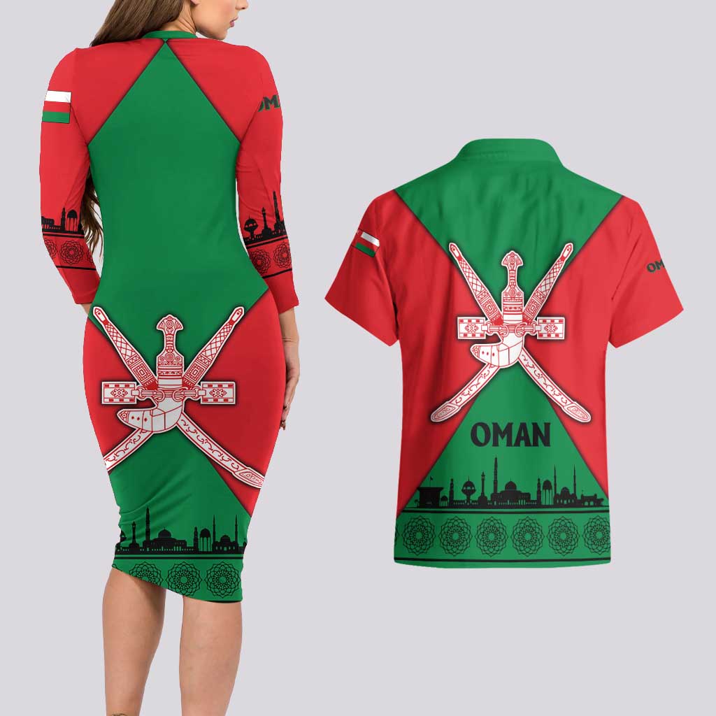 Oman Couples Matching Long Sleeve Bodycon Dress and Hawaiian Shirt with National Flag Colors and Crossed Khanjar Emblem Design