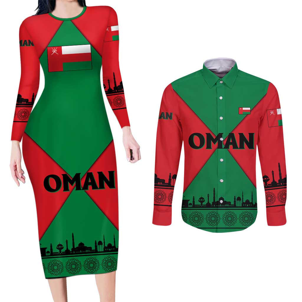 Oman Couples Matching Long Sleeve Bodycon Dress and Long Sleeve Button Shirt with National Flag Colors and Crossed Khanjar Emblem Design