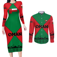 Oman Couples Matching Long Sleeve Bodycon Dress and Long Sleeve Button Shirt with National Flag Colors and Crossed Khanjar Emblem Design