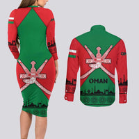 Oman Couples Matching Long Sleeve Bodycon Dress and Long Sleeve Button Shirt with National Flag Colors and Crossed Khanjar Emblem Design