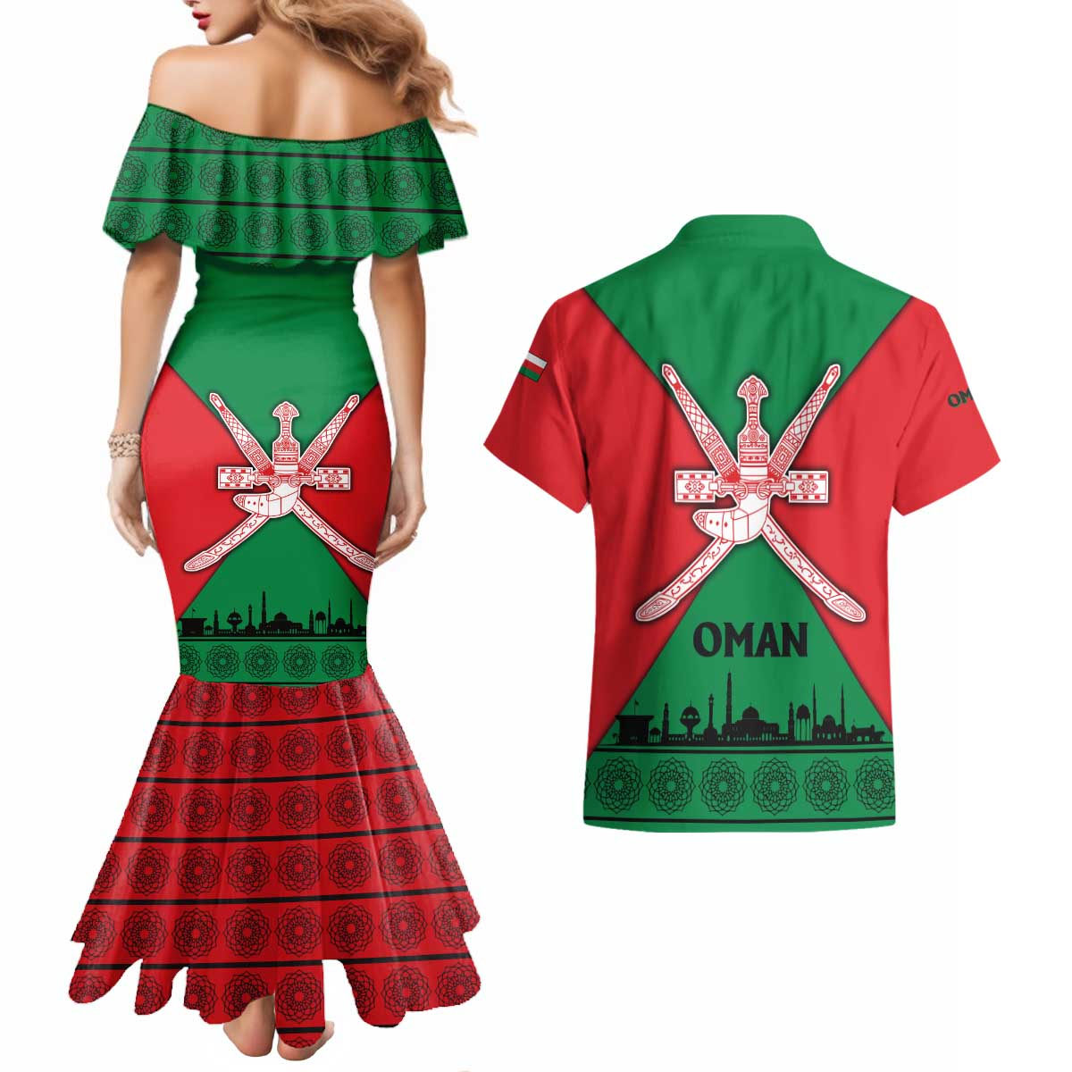 Oman Couples Matching Mermaid Dress and Hawaiian Shirt with National Flag Colors and Crossed Khanjar Emblem Design