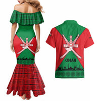 Oman Couples Matching Mermaid Dress and Hawaiian Shirt with National Flag Colors and Crossed Khanjar Emblem Design
