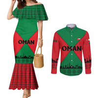 Oman Couples Matching Mermaid Dress and Long Sleeve Button Shirt with National Flag Colors and Crossed Khanjar Emblem Design