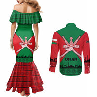 Oman Couples Matching Mermaid Dress and Long Sleeve Button Shirt with National Flag Colors and Crossed Khanjar Emblem Design
