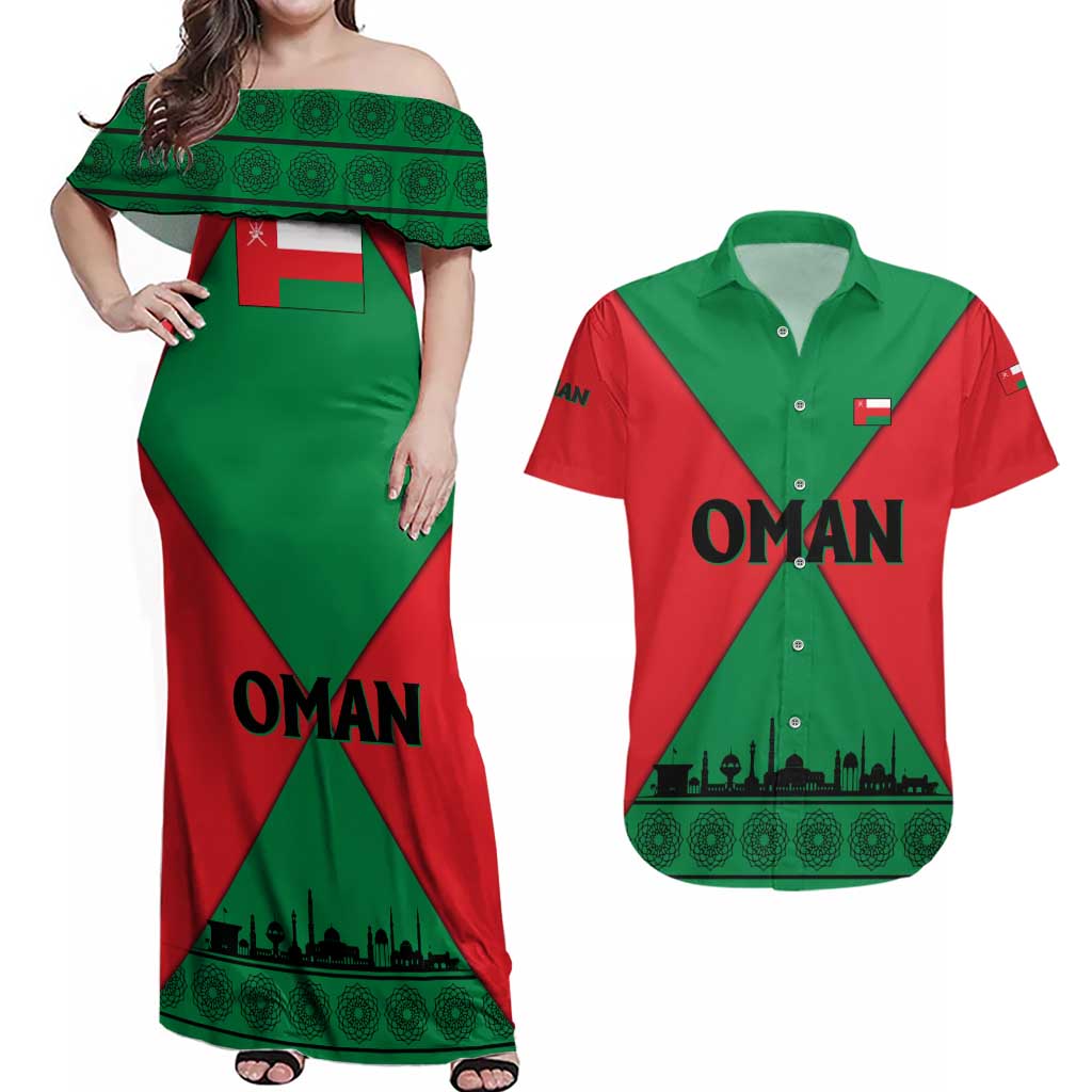 Oman Couples Matching Off Shoulder Maxi Dress and Hawaiian Shirt with National Flag Colors and Crossed Khanjar Emblem Design