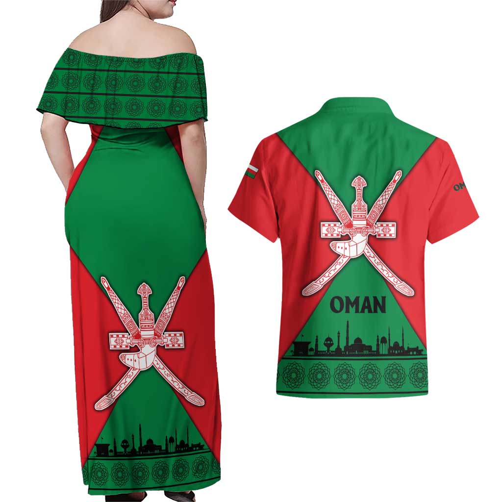 Oman Couples Matching Off Shoulder Maxi Dress and Hawaiian Shirt with National Flag Colors and Crossed Khanjar Emblem Design
