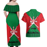 Oman Couples Matching Off Shoulder Maxi Dress and Hawaiian Shirt with National Flag Colors and Crossed Khanjar Emblem Design