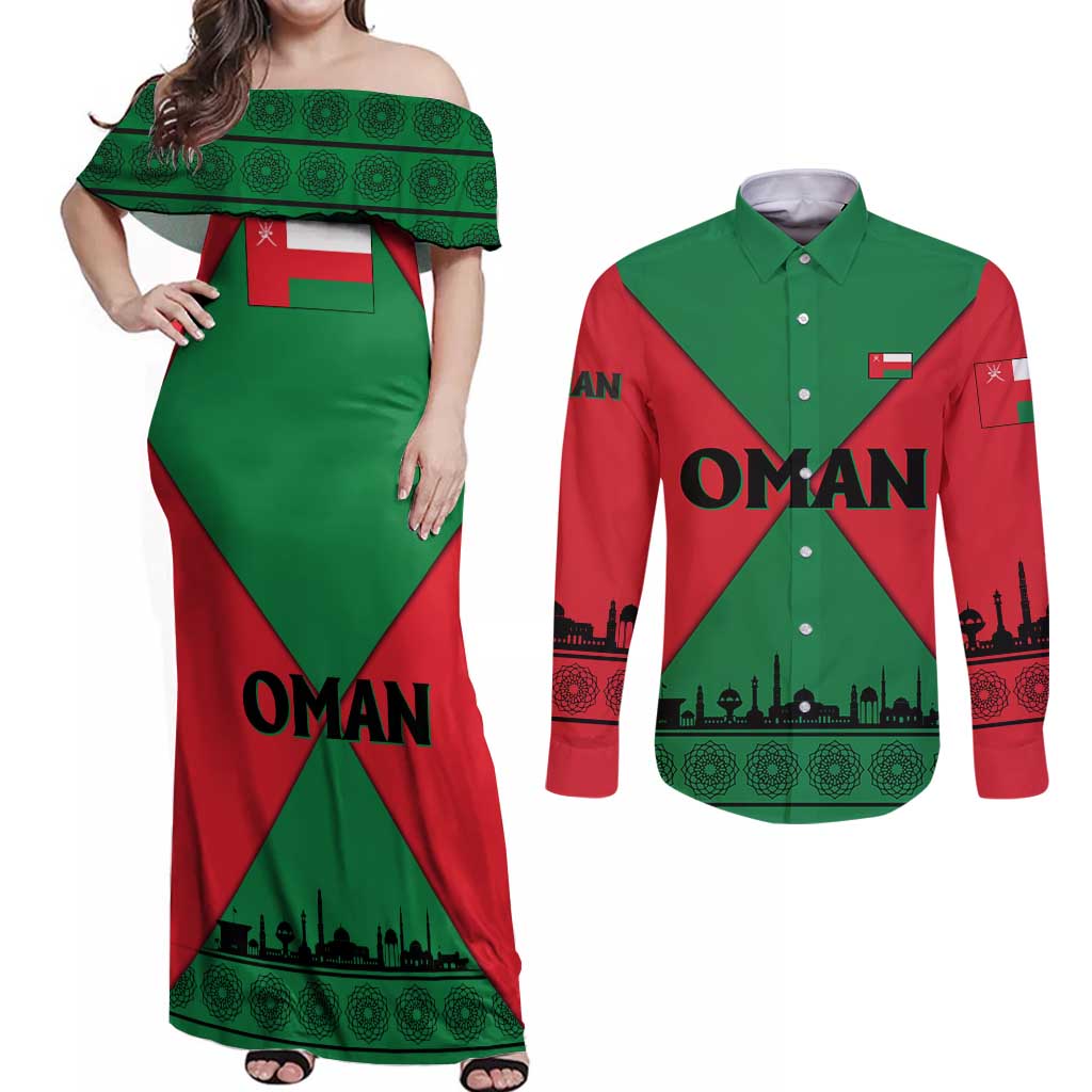 Oman Couples Matching Off Shoulder Maxi Dress and Long Sleeve Button Shirt with National Flag Colors and Crossed Khanjar Emblem Design