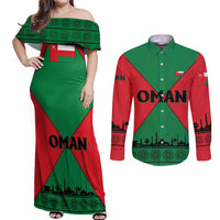 Oman Couples Matching Off Shoulder Maxi Dress and Long Sleeve Button Shirt with National Flag Colors and Crossed Khanjar Emblem Design