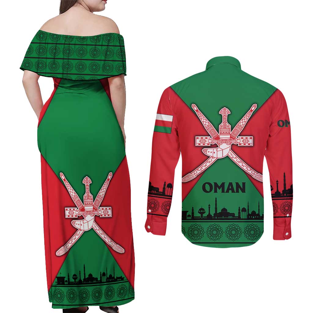 Oman Couples Matching Off Shoulder Maxi Dress and Long Sleeve Button Shirt with National Flag Colors and Crossed Khanjar Emblem Design