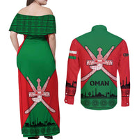 Oman Couples Matching Off Shoulder Maxi Dress and Long Sleeve Button Shirt with National Flag Colors and Crossed Khanjar Emblem Design
