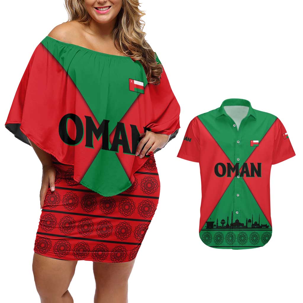 Oman Couples Matching Off Shoulder Short Dress and Hawaiian Shirt with National Flag Colors and Crossed Khanjar Emblem Design