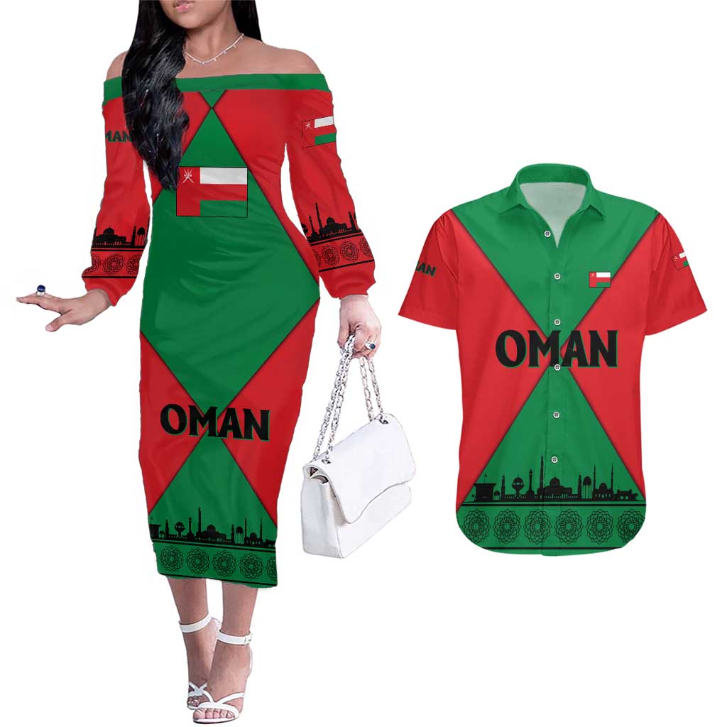Oman Couples Matching Off The Shoulder Long Sleeve Dress and Hawaiian Shirt with National Flag Colors and Crossed Khanjar Emblem Design