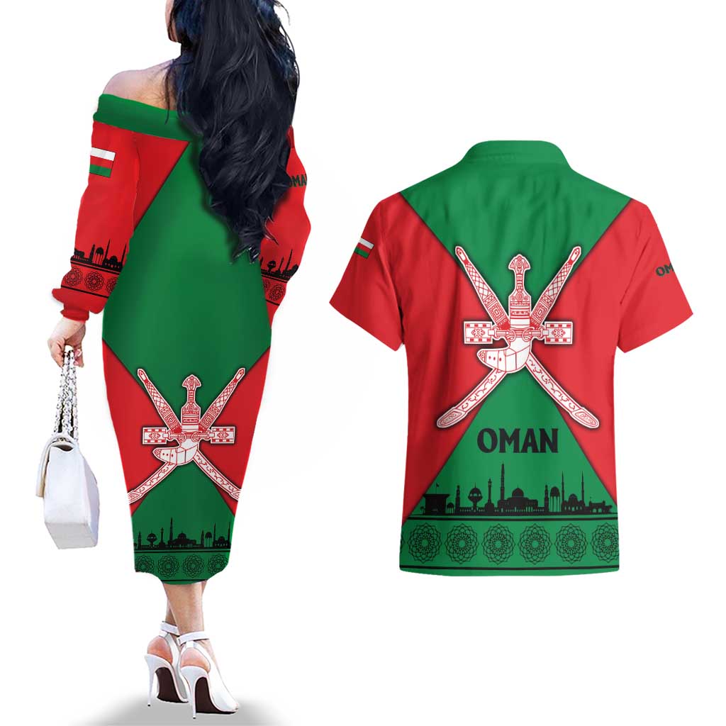 Oman Couples Matching Off The Shoulder Long Sleeve Dress and Hawaiian Shirt with National Flag Colors and Crossed Khanjar Emblem Design