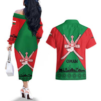 Oman Couples Matching Off The Shoulder Long Sleeve Dress and Hawaiian Shirt with National Flag Colors and Crossed Khanjar Emblem Design