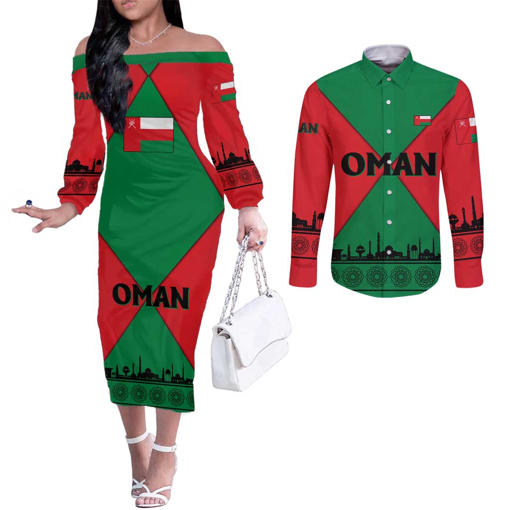 Oman Couples Matching Off The Shoulder Long Sleeve Dress and Long Sleeve Button Shirt with National Flag Colors and Crossed Khanjar Emblem Design