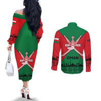 Oman Couples Matching Off The Shoulder Long Sleeve Dress and Long Sleeve Button Shirt with National Flag Colors and Crossed Khanjar Emblem Design