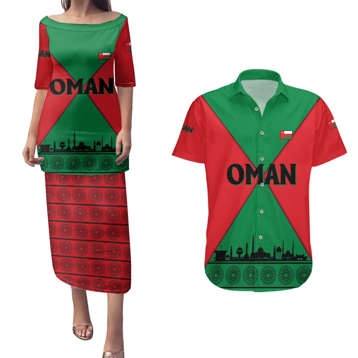 Oman Couples Matching Puletasi and Hawaiian Shirt with National Flag Colors and Crossed Khanjar Emblem Design