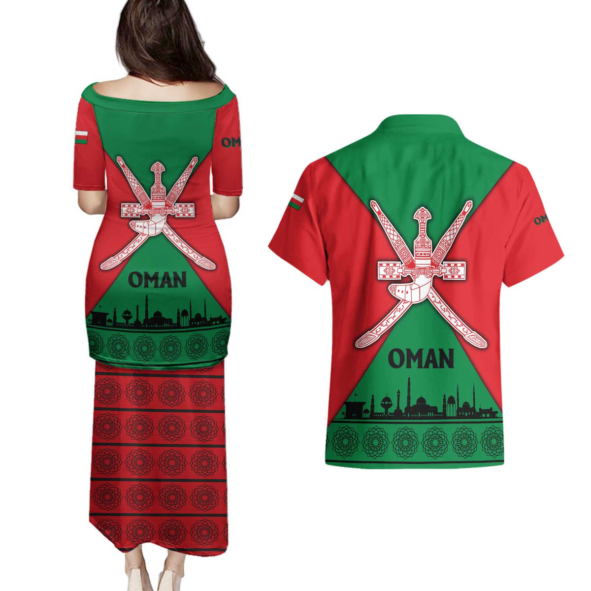 Oman Couples Matching Puletasi and Hawaiian Shirt with National Flag Colors and Crossed Khanjar Emblem Design