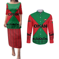 Oman Couples Matching Puletasi and Long Sleeve Button Shirt with National Flag Colors and Crossed Khanjar Emblem Design