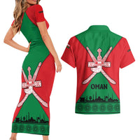 Oman Couples Matching Short Sleeve Bodycon Dress and Hawaiian Shirt with National Flag Colors and Crossed Khanjar Emblem Design