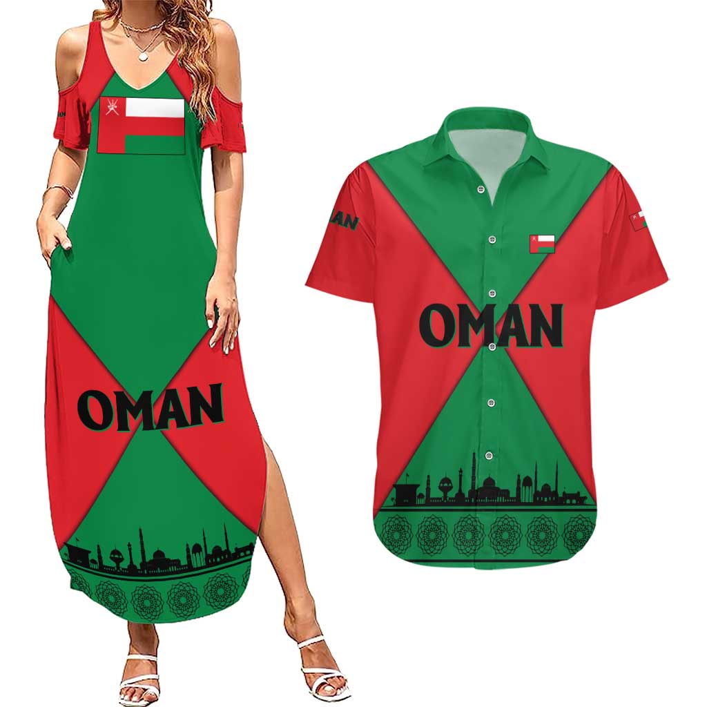 Oman Couples Matching Summer Maxi Dress and Hawaiian Shirt with National Flag Colors and Crossed Khanjar Emblem Design