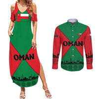 Oman Couples Matching Summer Maxi Dress and Long Sleeve Button Shirt with National Flag Colors and Crossed Khanjar Emblem Design