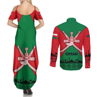 Oman Couples Matching Summer Maxi Dress and Long Sleeve Button Shirt with National Flag Colors and Crossed Khanjar Emblem Design